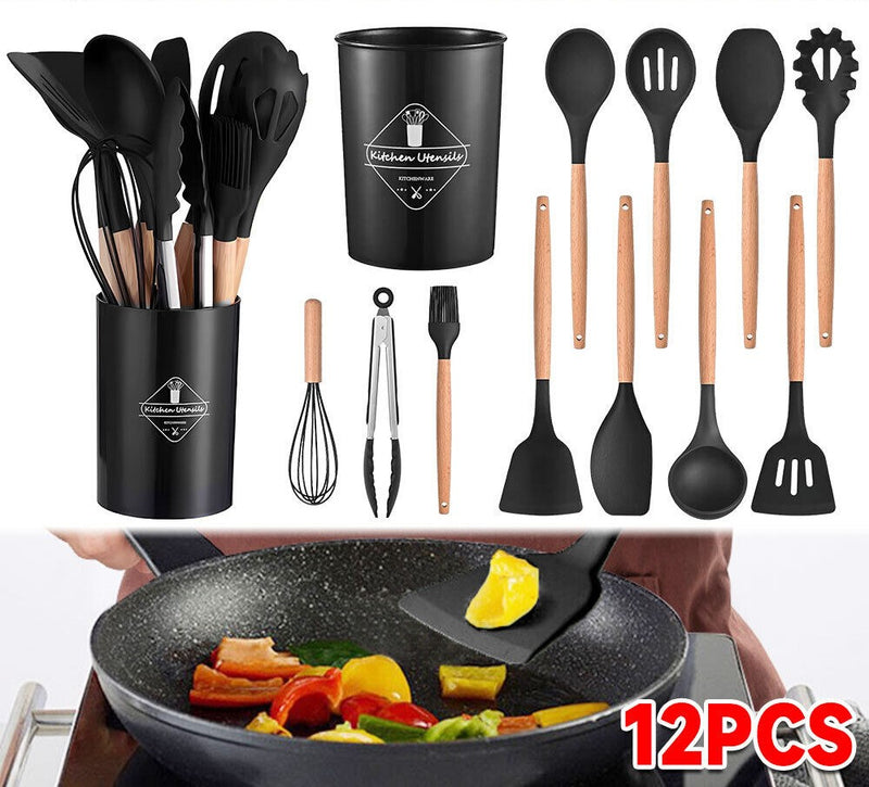 Conjunto de utensílios de cozinha de silicone com 12 peças, utensílios de cozinha antiaderentes, espátula, colher