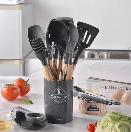 Kit Colher De Silicone Para Cozinha Conjunto De Utensílios De Cozinha De Madeira 12 Peças