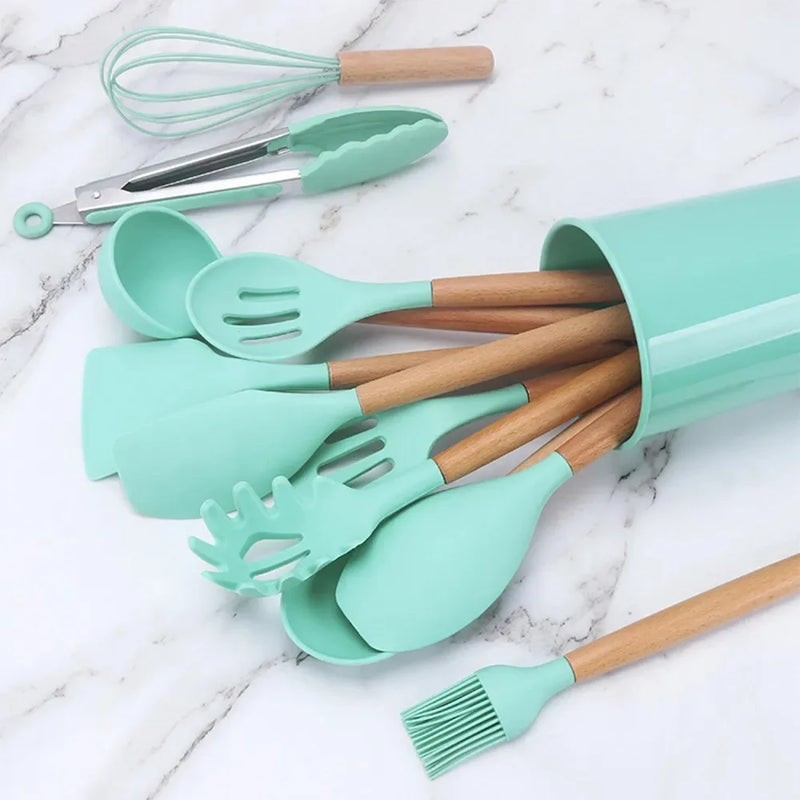 Kit Colher De Silicone Para Cozinha Conjunto De Utensílios De Cozinha De Madeira 12 Peças