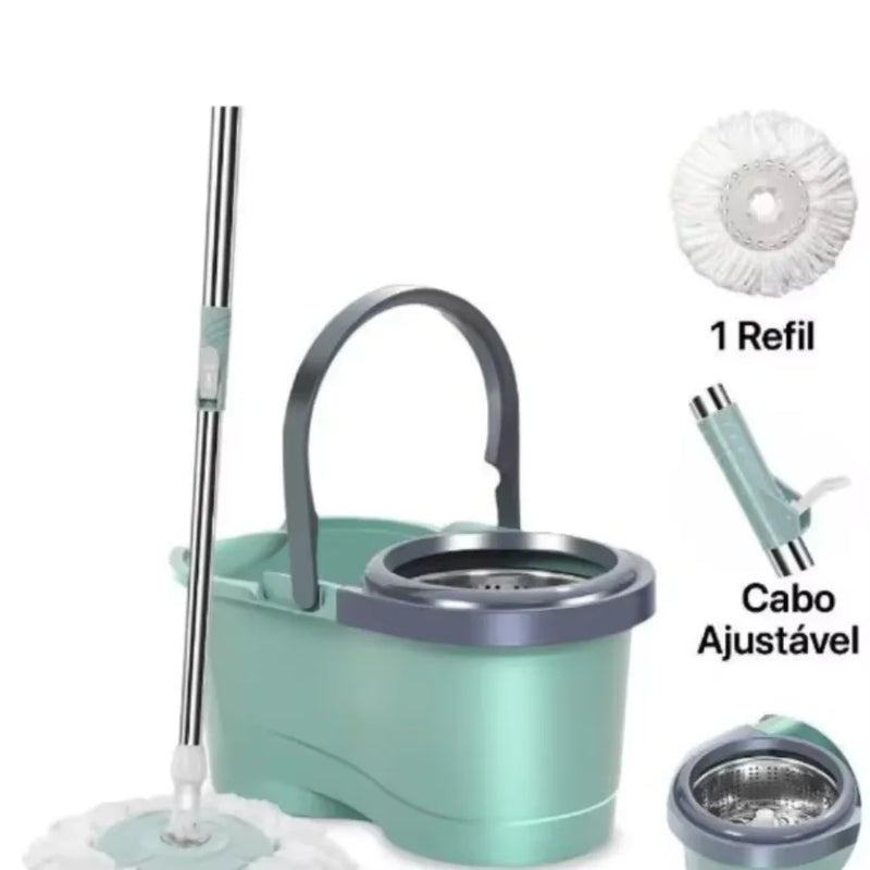 Balde Mop Giratório Mop 360 Limpeza 12L Cesto Inox 1,10M Cabo Prático Resistente Multifuncional Pisos Casa Cozinha
