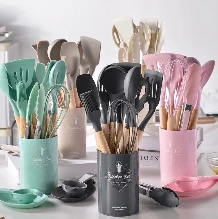 Kit Colher De Silicone Para Cozinha Conjunto De Utensílios De Cozinha De Madeira 12 Peças