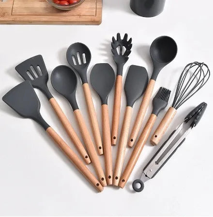 Kit Colher De Silicone Para Cozinha Conjunto De Utensílios De Cozinha De Madeira 12 Peças