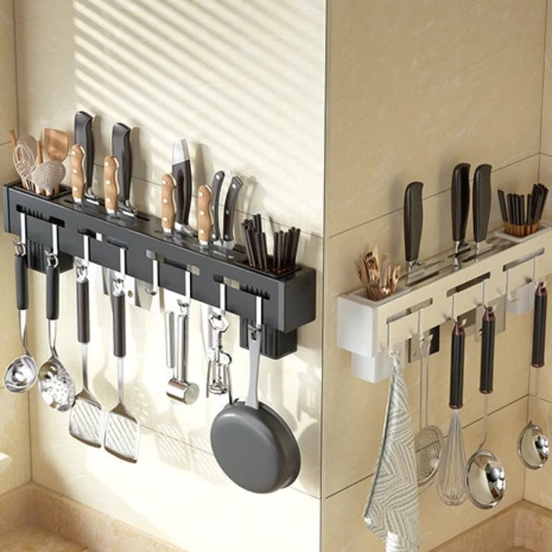Organizador de cozinha Suporte para utensílios de cozinha Pendurado Panela Copo Prateleira de aço inoxidável Armário Barra de parede Gancho multiuso