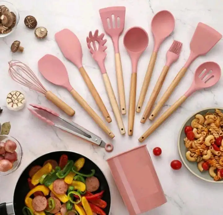 Kit Colher De Silicone Para Cozinha Conjunto De Utensílios De Cozinha De Madeira 12 Peças