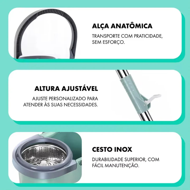 Balde Mop Giratório Mop 360 Limpeza 12L Cesto Inox 1,10M Cabo Prático Resistente Multifuncional Pisos Casa Cozinha