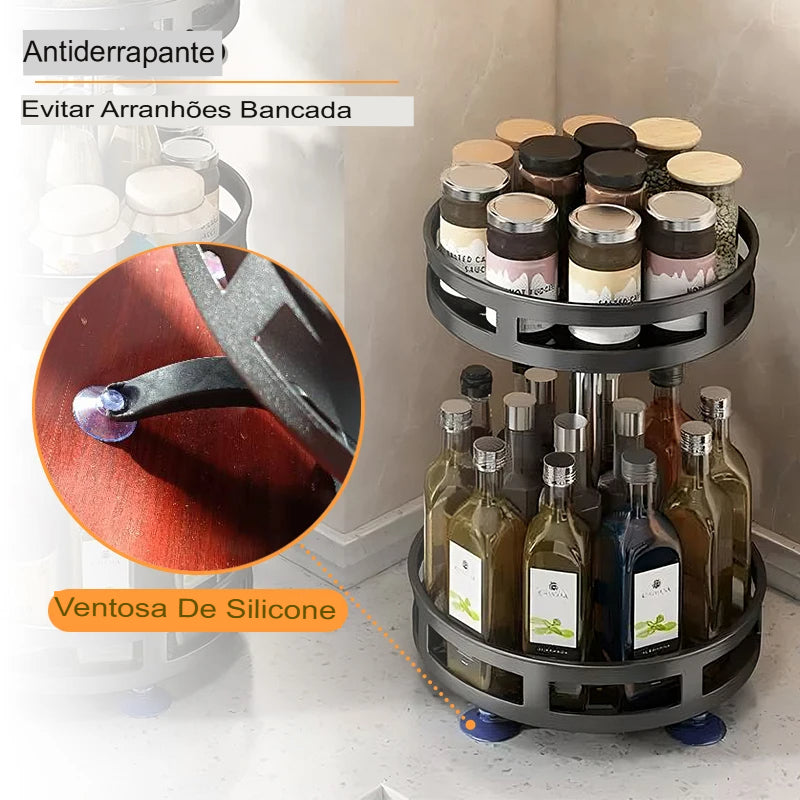 Organizador de Porta Tempero com Rotação de 360° Bandeja Antiderrapante de Aço Carbono para Armazenamento de Temperos e Latas de Temperos para Acessórios de Cozinha