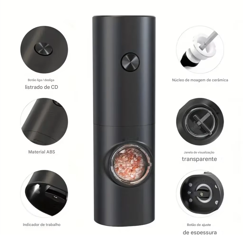 Moedor Elétrico Sal Pimenta Temperos Ajuste Automático Condimentos Moagem Prático Compacto