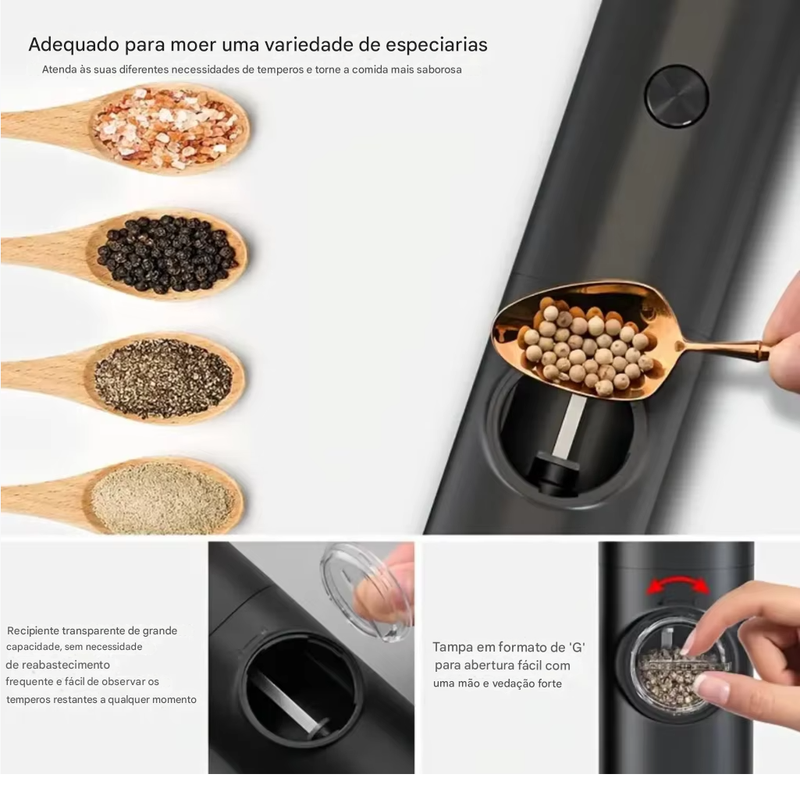 Moedor Elétrico Sal Pimenta Temperos Ajuste Automático Condimentos Moagem Prático Compacto